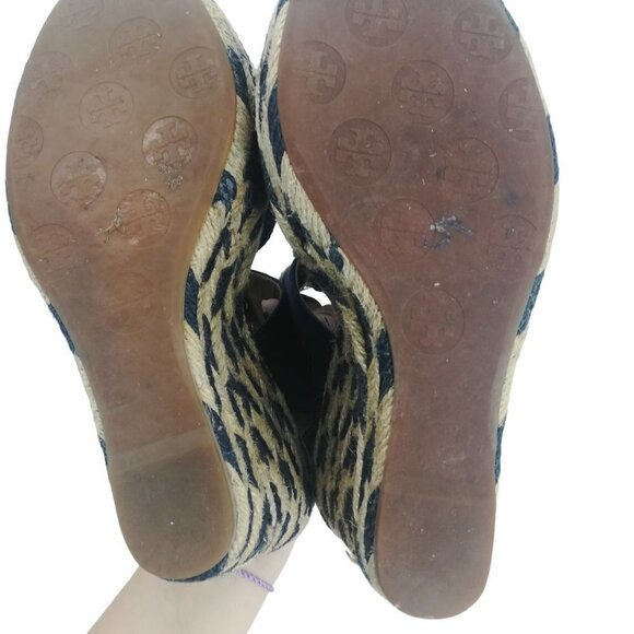 Tory Burch Wedge Espadrille Linley Platform Sandals Size 6.5-7? Peep Toe Blue - Picture 15 of 15